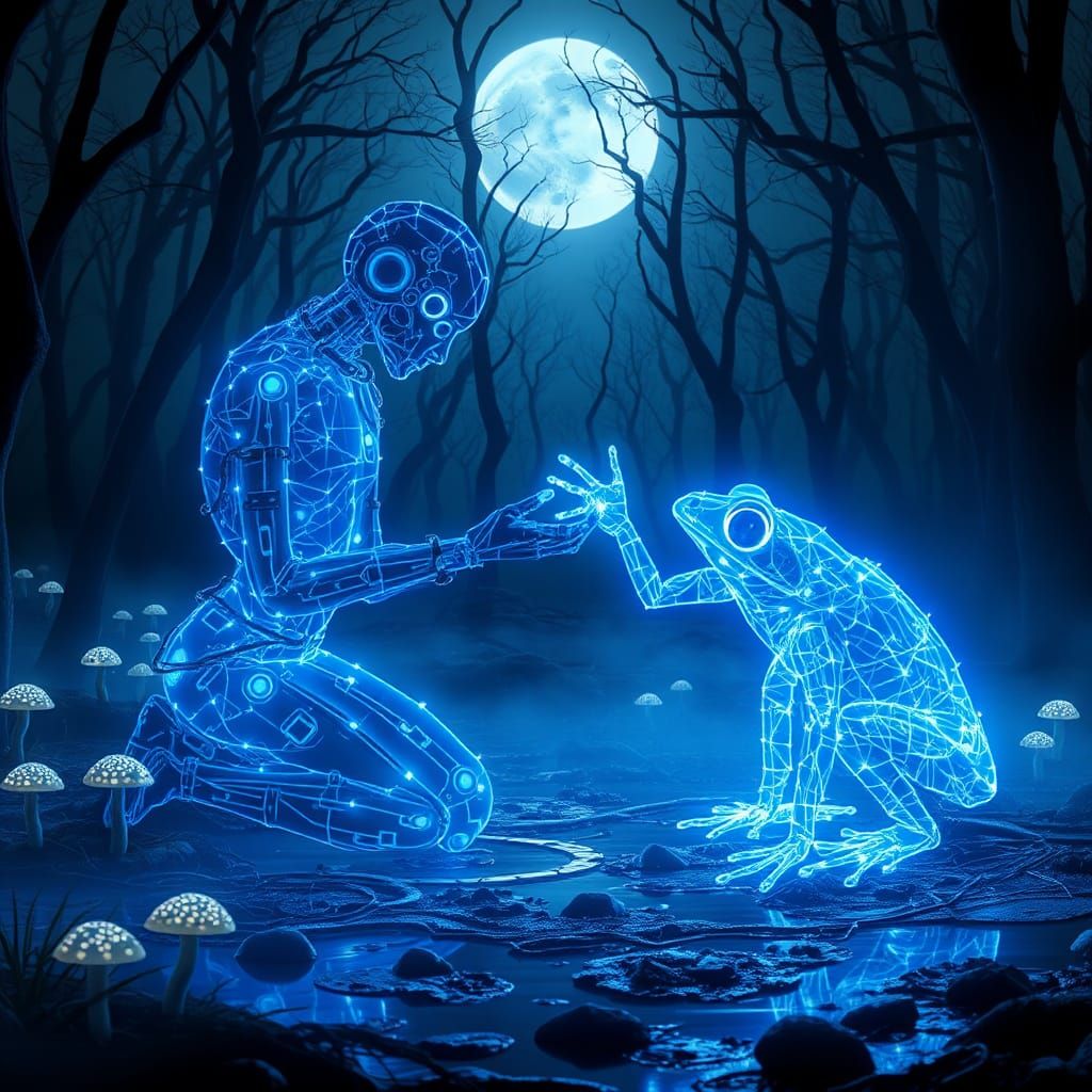 Cyborg Kneeling in Swamp Reaches for Robot Frog