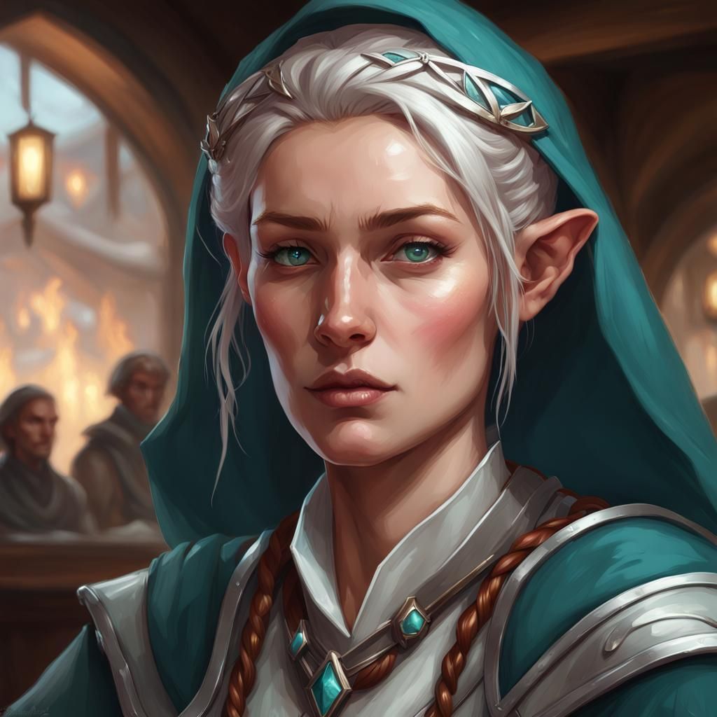 Worried Elf Cleric in Tavern, Hyperdetailed Portrait