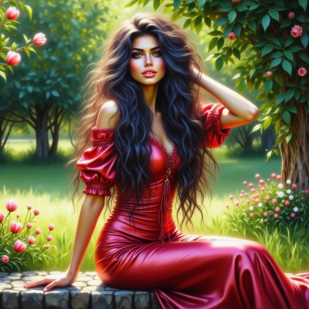 Elegant Woman in Red Velvet Sits on a Carved Stone Bench in ...