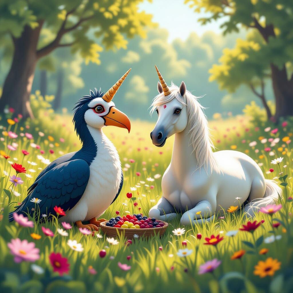 Dodo and Unicorn Feast in Lush Field