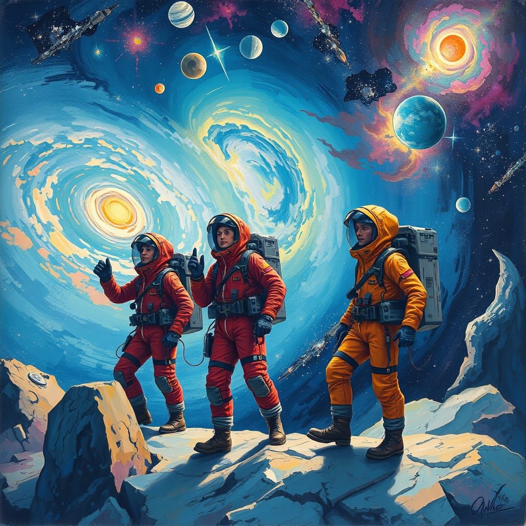 Space Explorers Discovering Celestial Wonders in Gouache Sty...