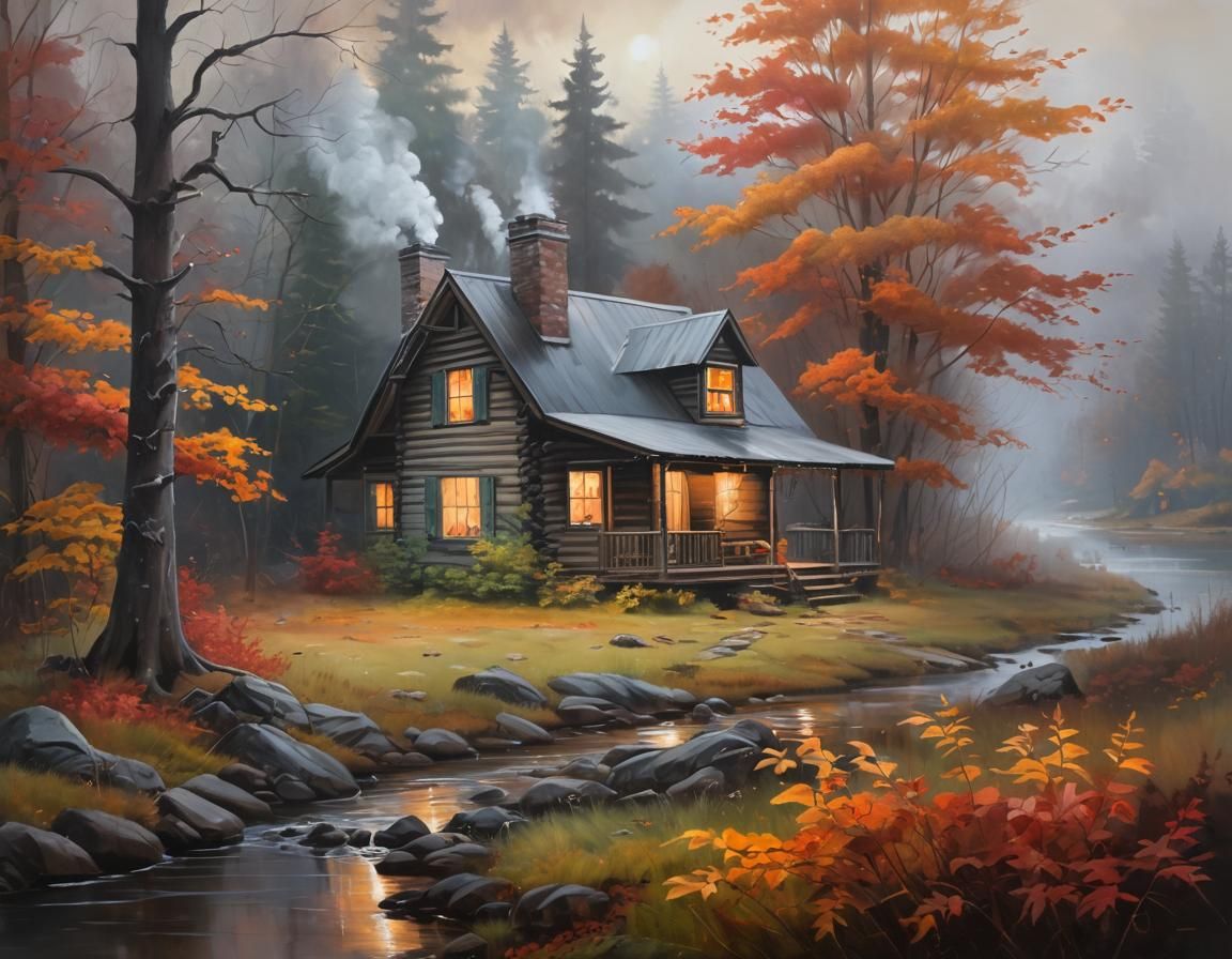 Secluded Cabin in Autumnal Woods: Moody Oil Painting