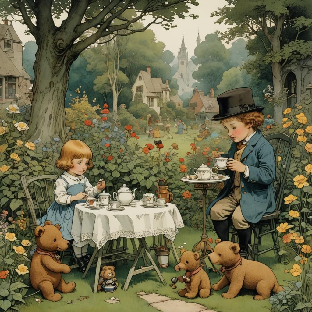 Tea Party with Dolls in Garden, Vintage Illustration