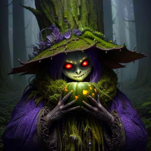 Surreal Purple Pumpkin Monster with Glowing Moths