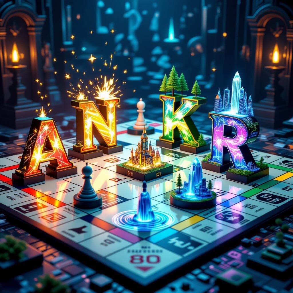 Surreal Monopoly Board with Exploding Runes and Miniature Wo...