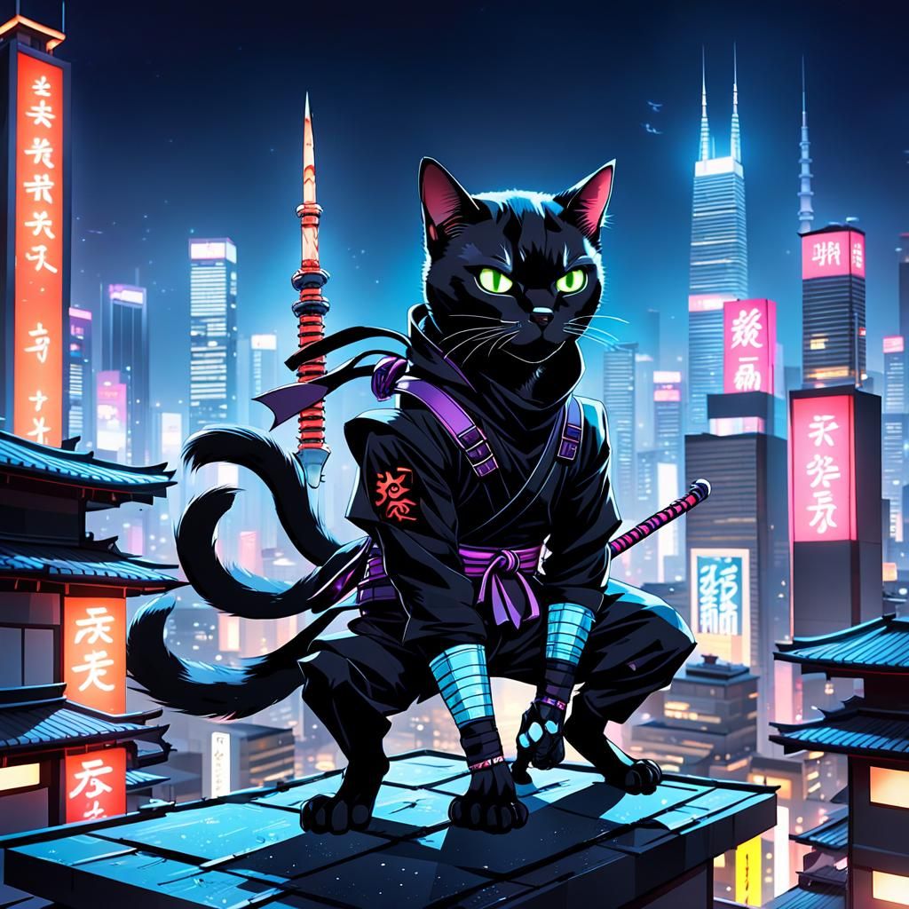 Ninja Cat on Neon Rooftop: Cyberpunk Ukiyo-e Fusion