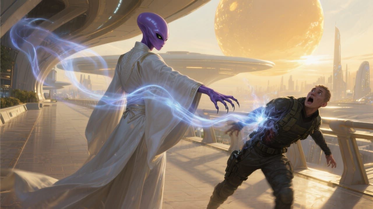 Alien Assassin Dissolving Victim with Magic Energy