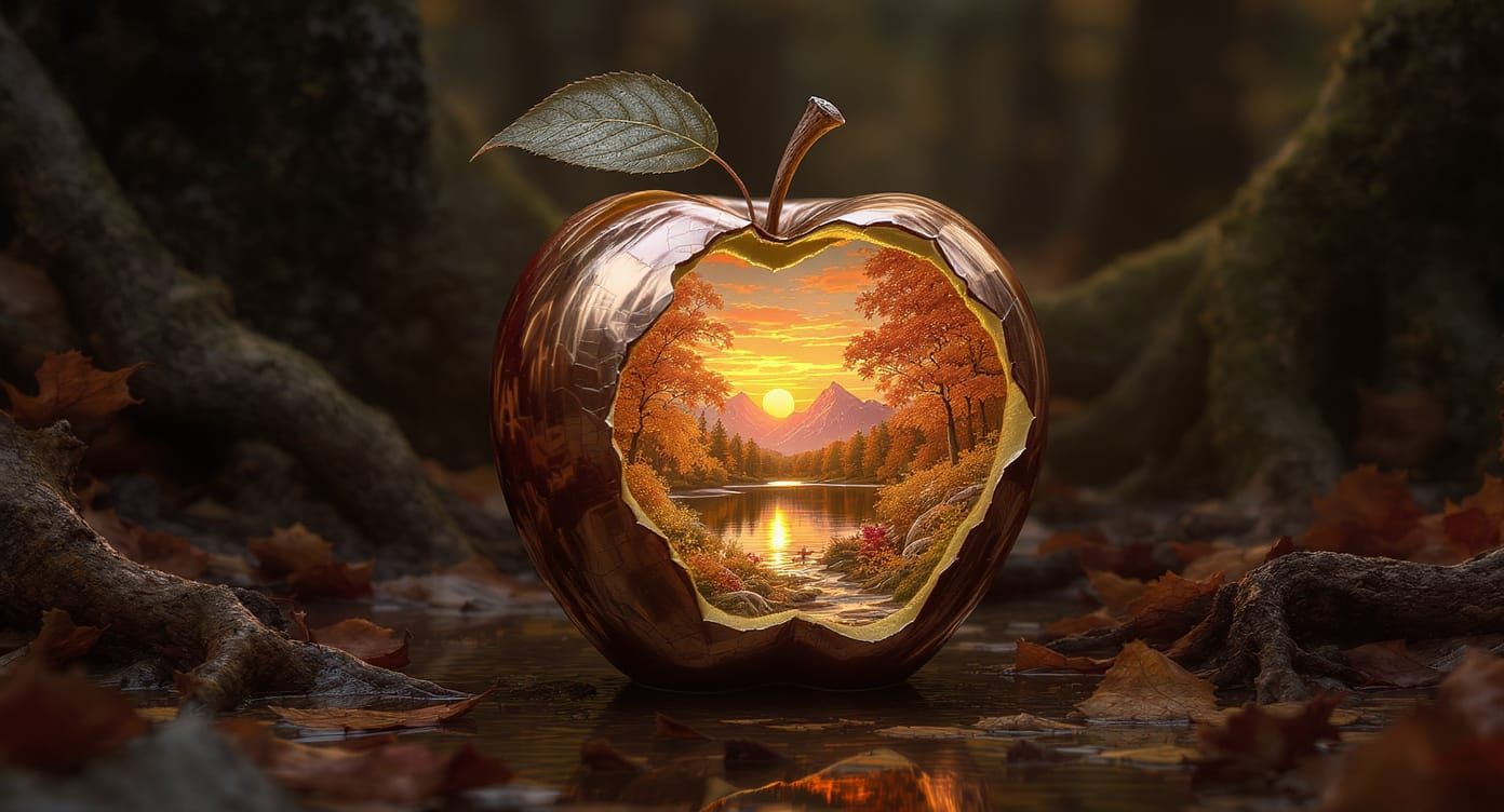 Metallic Apple Sculpture Reveals Miniature Landscape