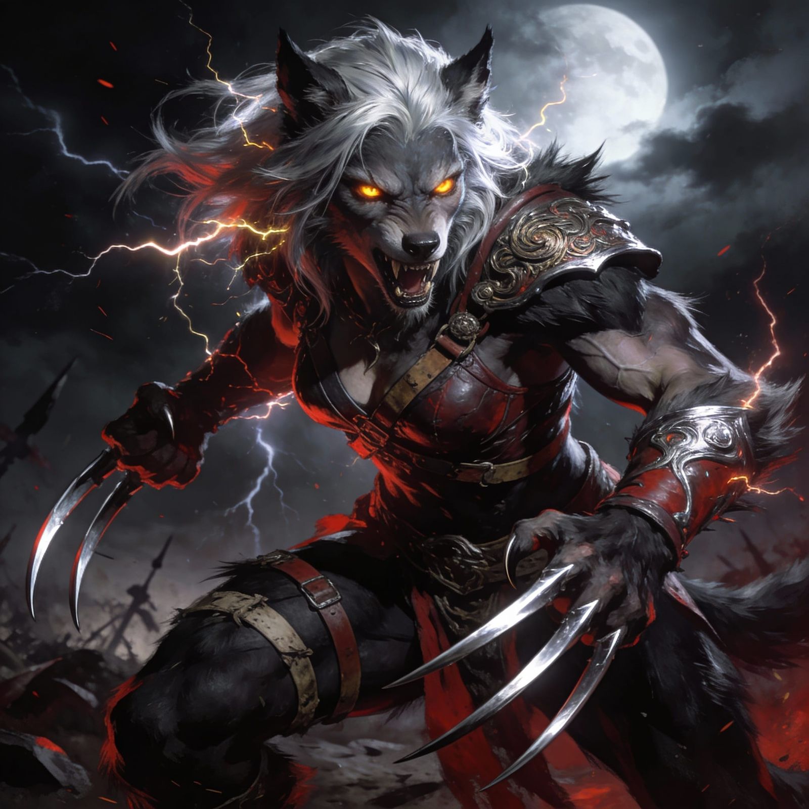 Silver Haired Werewolf Warrior Mid-Transformation in Dark Fa...