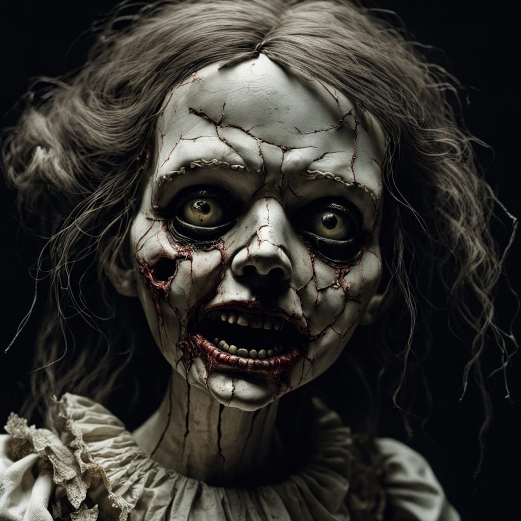 Grotesque Antique Doll Devours Human Prey in Dark, Cinematic...