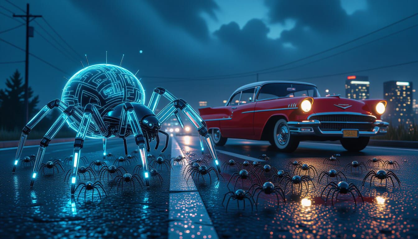 Giant Glass Cyber Spider Attacks Vintage Car With Swarm