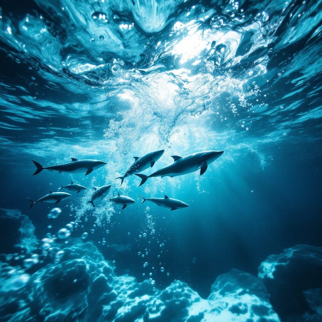 Narwhals Swimming Beneath Arctic Ice in Hyperrealistic Style