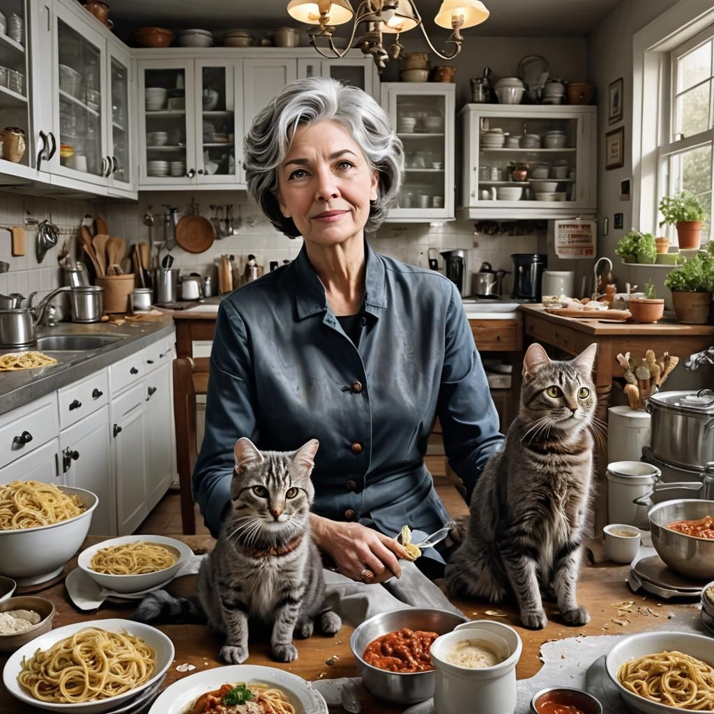 Woman Making Pasta Watched by Cats: Matte Painting