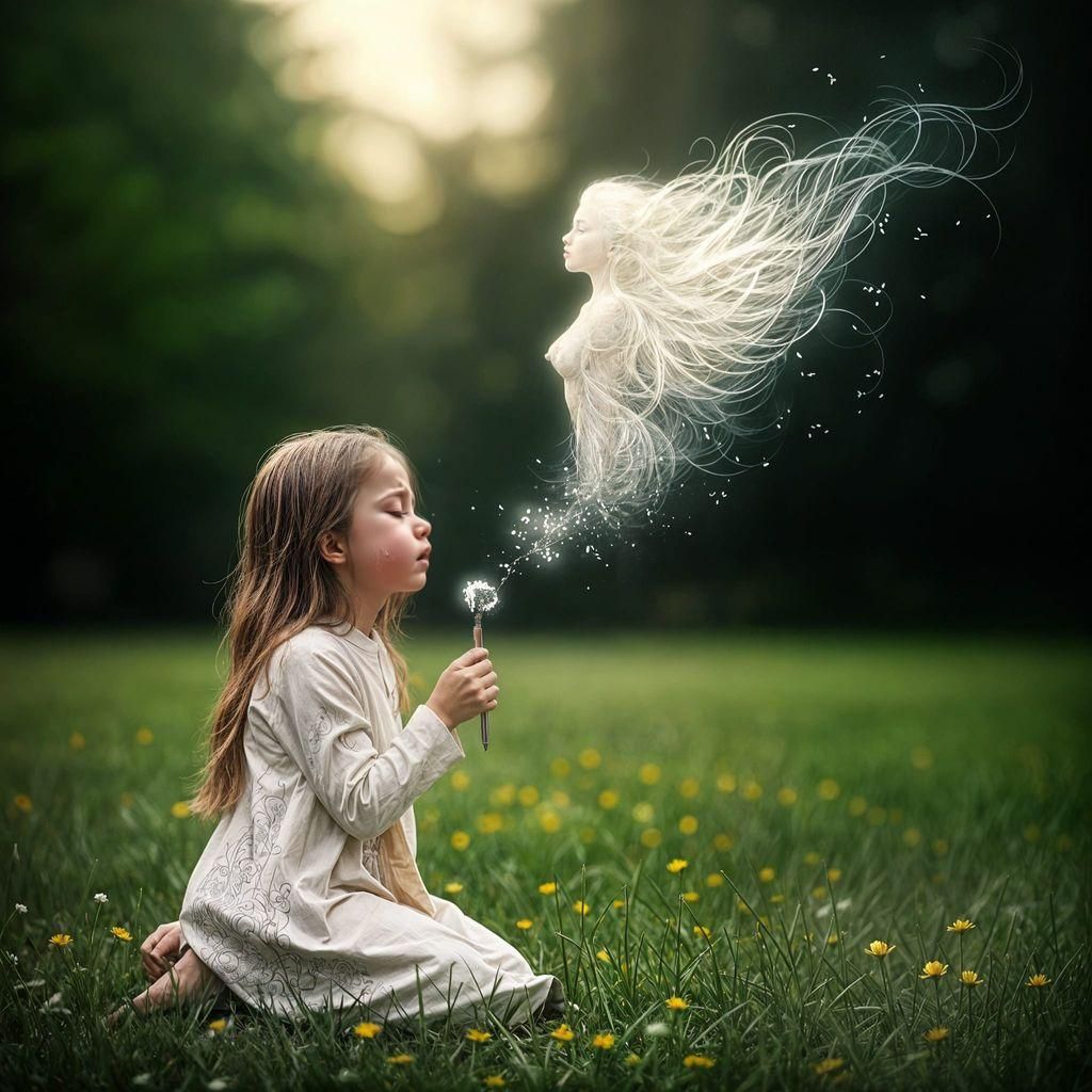 Touching Image of Girl with Dandelion Seeds