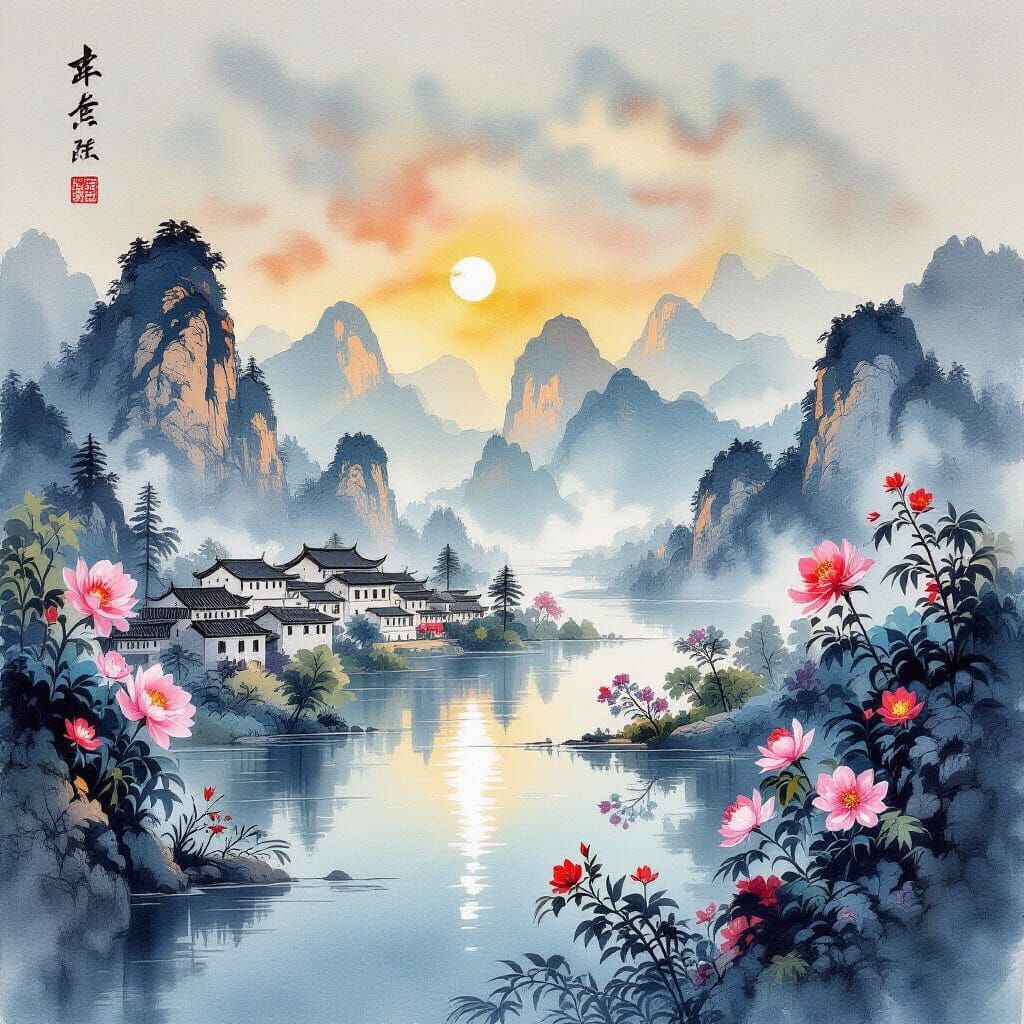 Watercolor Ancient City Landscape in Chinese Style