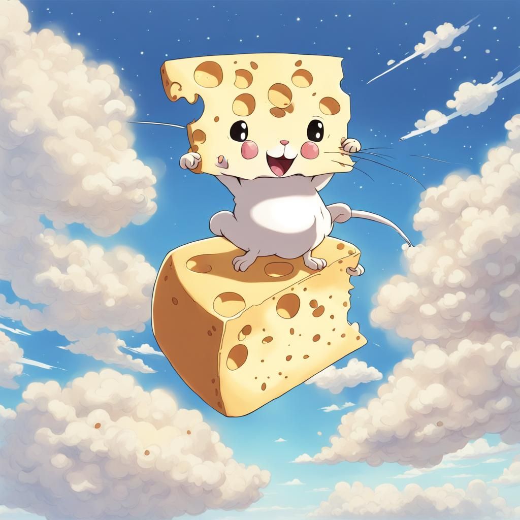 Floating Mouse Eats Cheese in Anime Style
