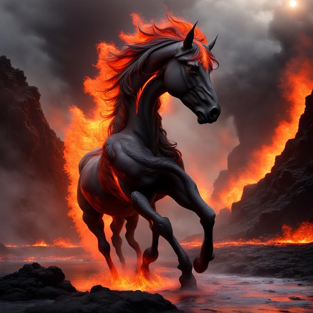 Lava Horse in Volcanic Landscape: 3D Render