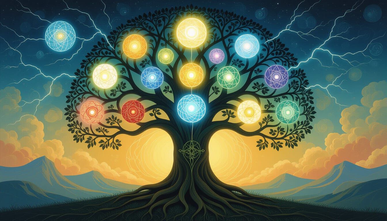 Mystical Tree of Life with Glowing Orbs