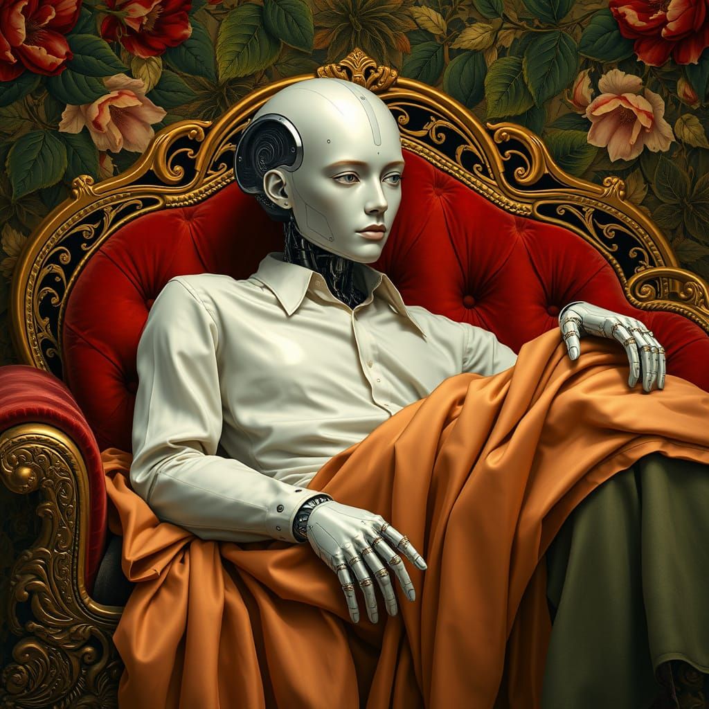Android in Opulent Art Nouveau Botanical Setting with Pre-Ra...