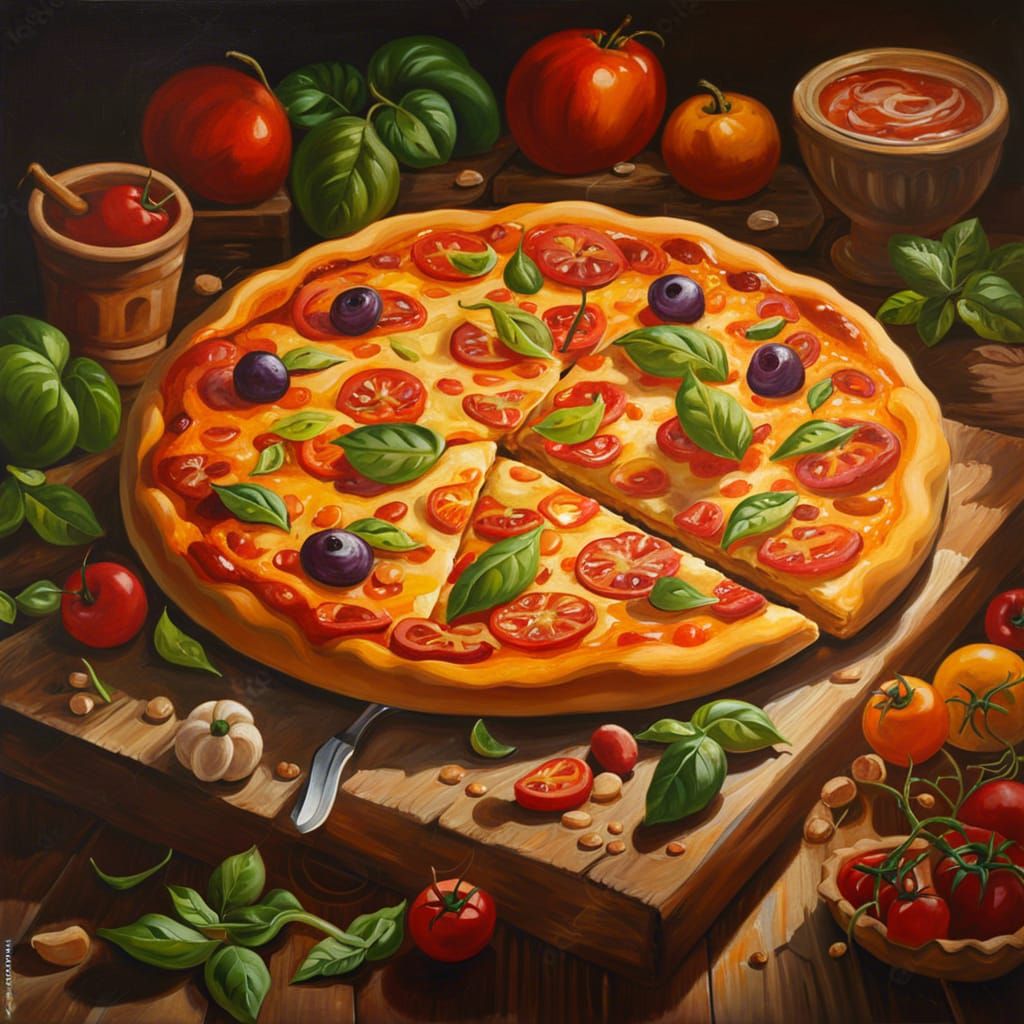 Delicious Italian Pizza: Hyperdetailed Oil Painting