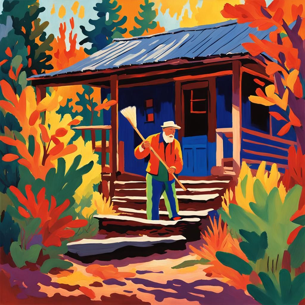 Old Man Sweeping Cabin, Fauvist Style