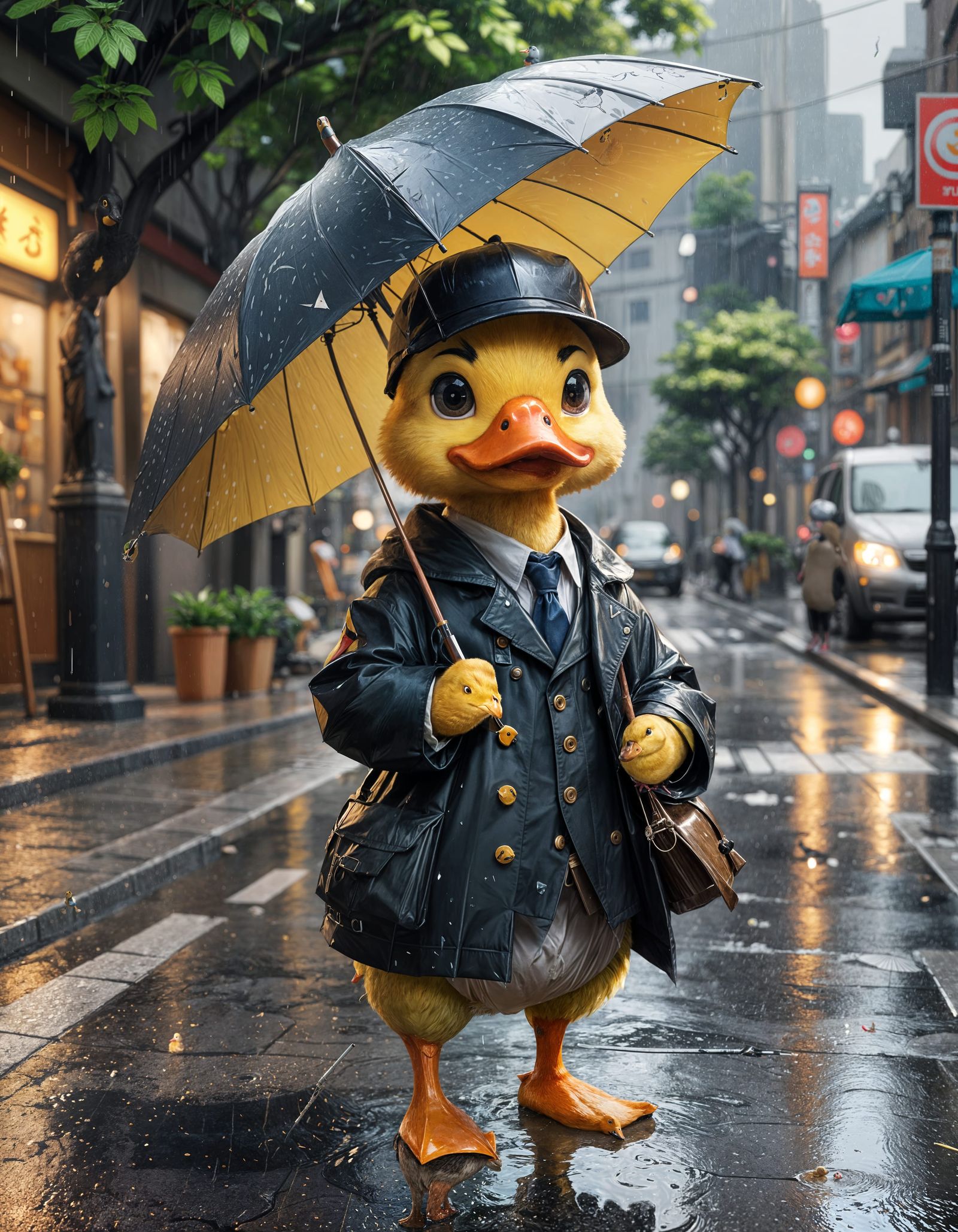 Cute Duck Mailman in Rain: 3D Anime Art