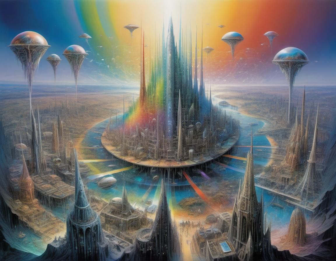 Glittering Rainbow Crystal Cityscape in Maximalist Style