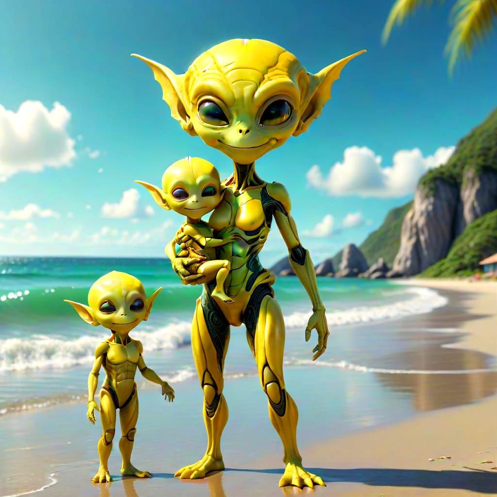 Yellow Alien Mother and Child Enjoy a Serene Beach Day in Ph...