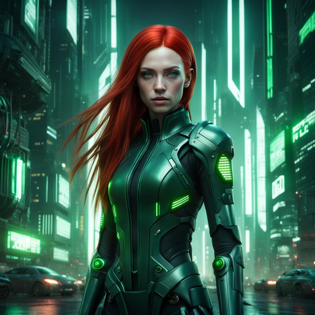 Ethereal Cyberpunk Girl with Red Hair in 3D