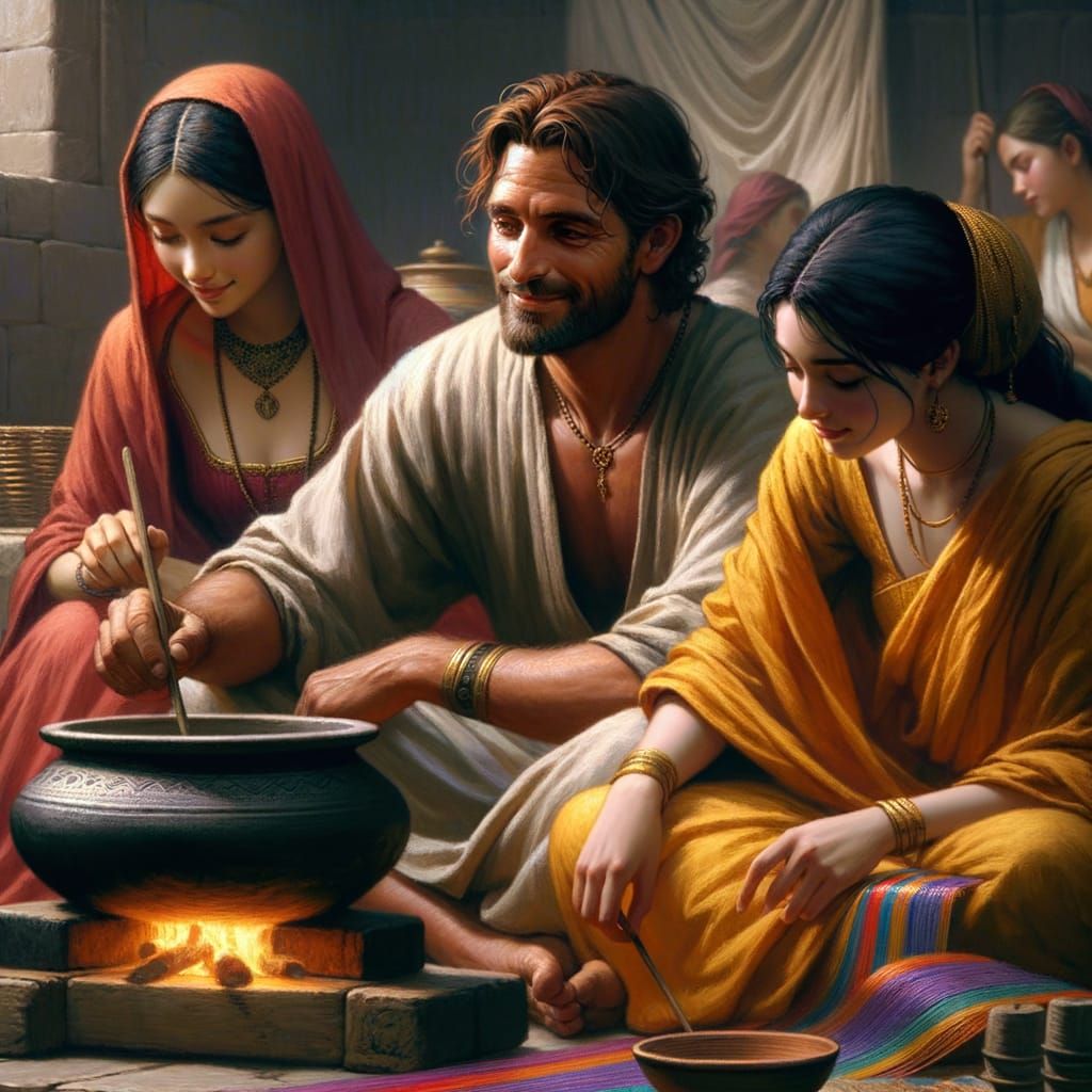 Harmonious Ancient Scene with Man and Two Wives