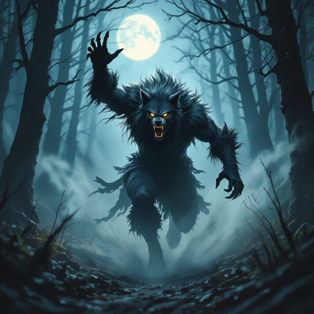 Terrifying Loup Garou Running in Moonlit Forest