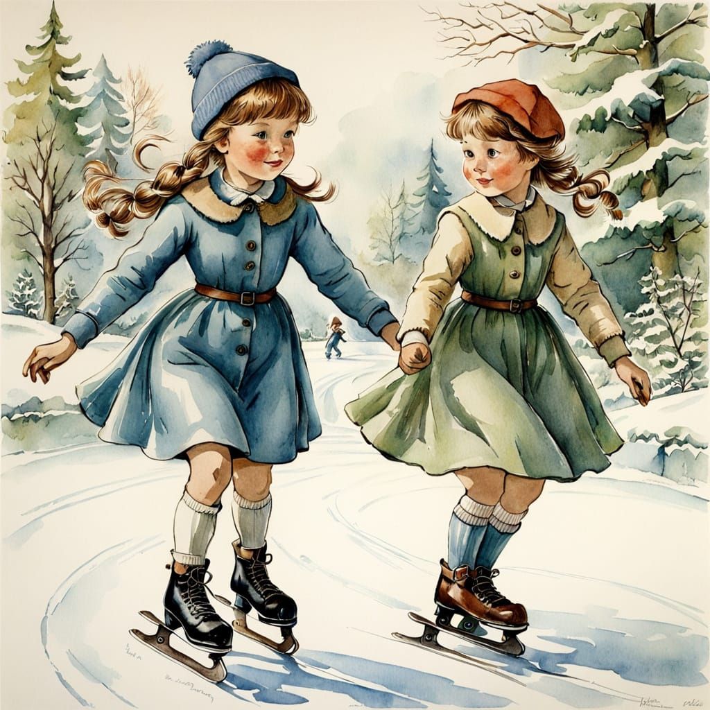 Children Ice Skating in Vintage Illustration Style