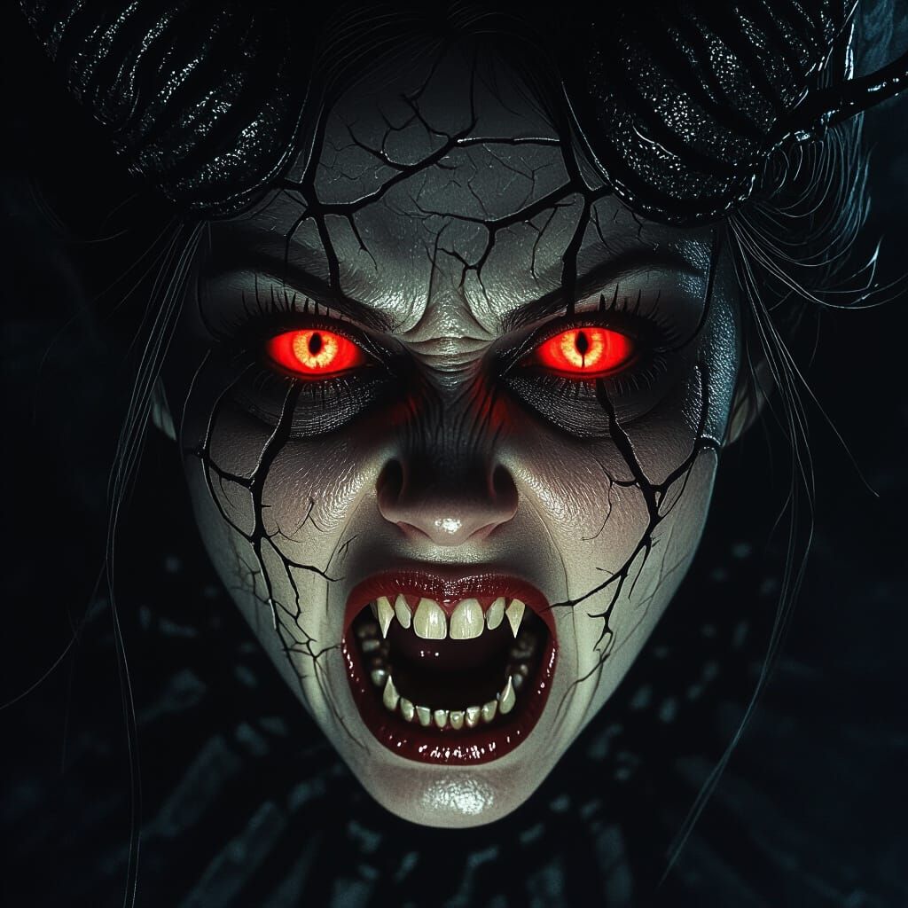 Demonic Transformation Horror: Woman's Face in Dramatic Ligh...