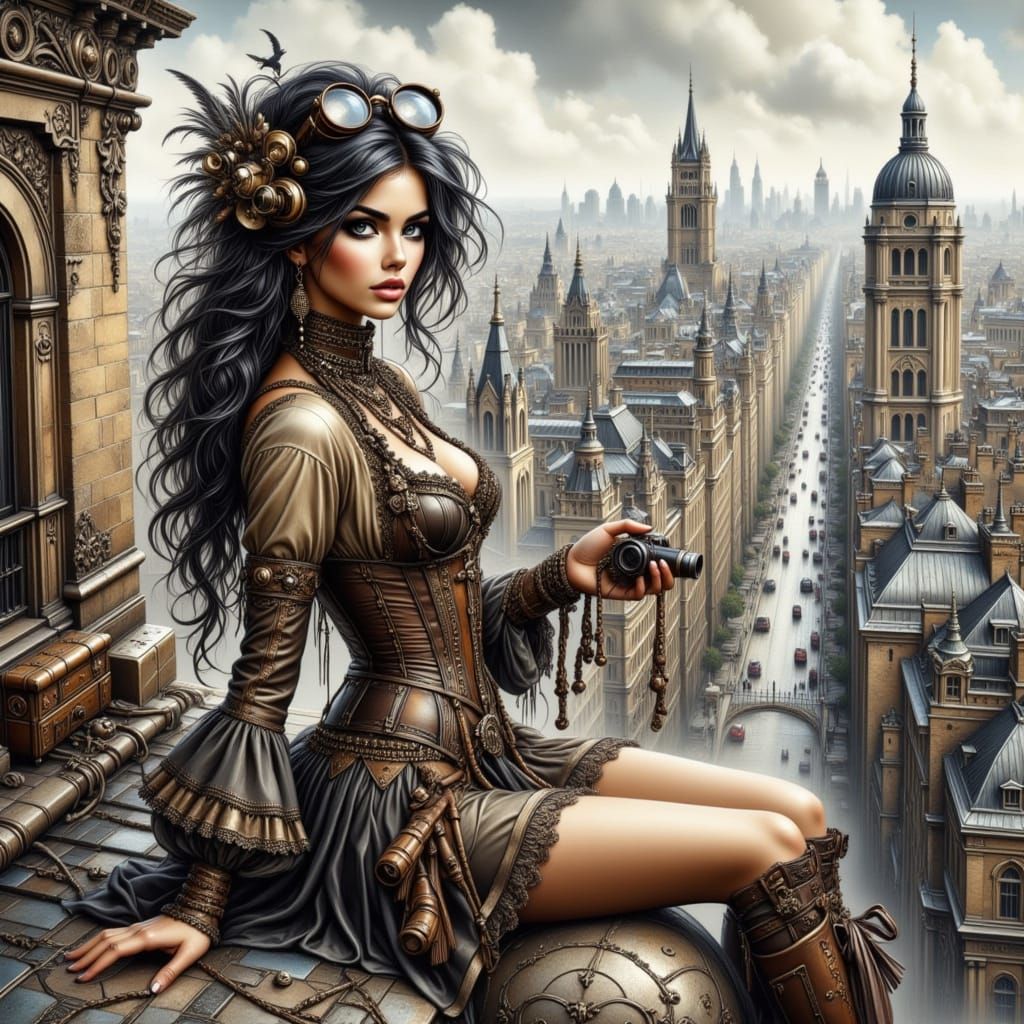 Steampunk Cityscape with Woman on Roof
