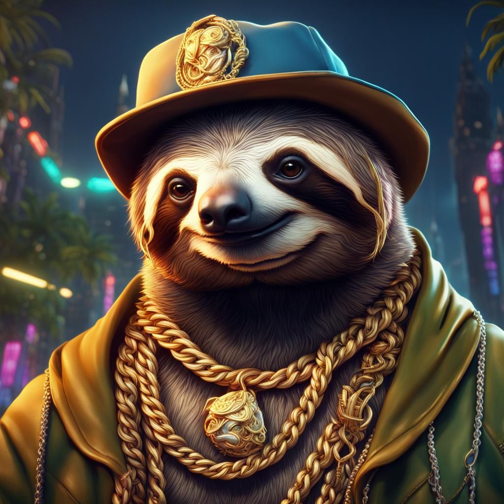 Rapper Sloth with Gold Chains, Detailed Digital Art