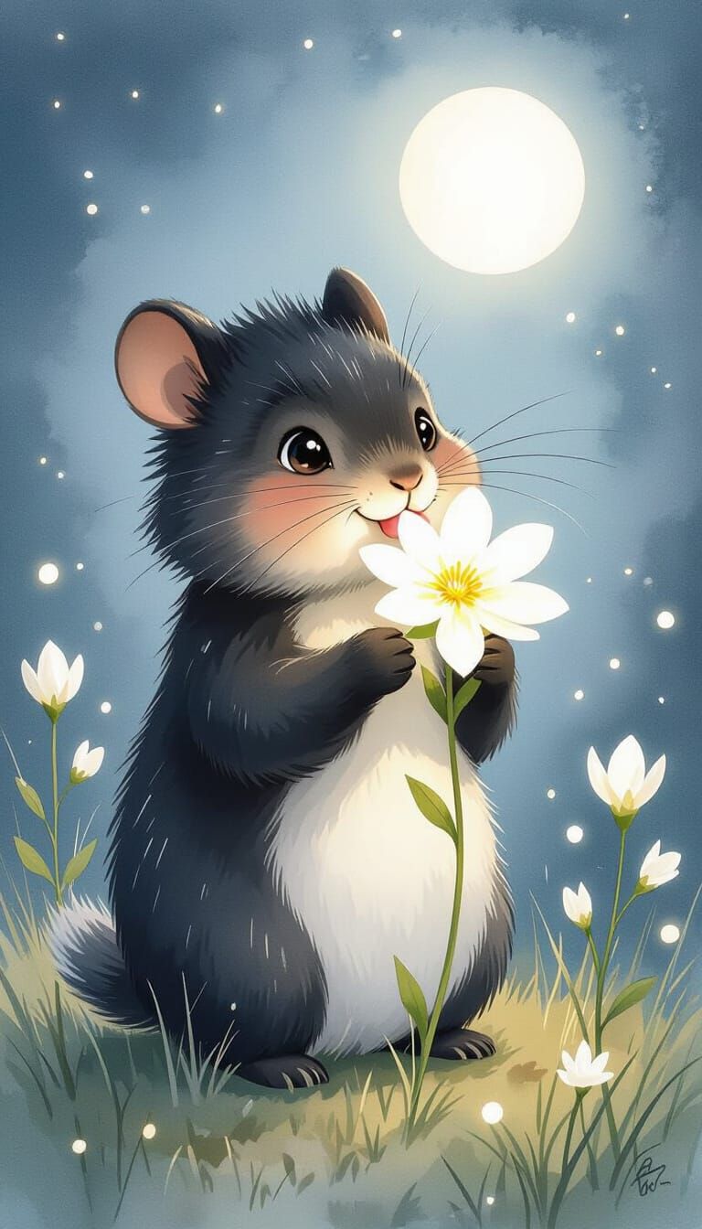 Whimsical Creature Enjoys Magic Flower in Watercolor Style