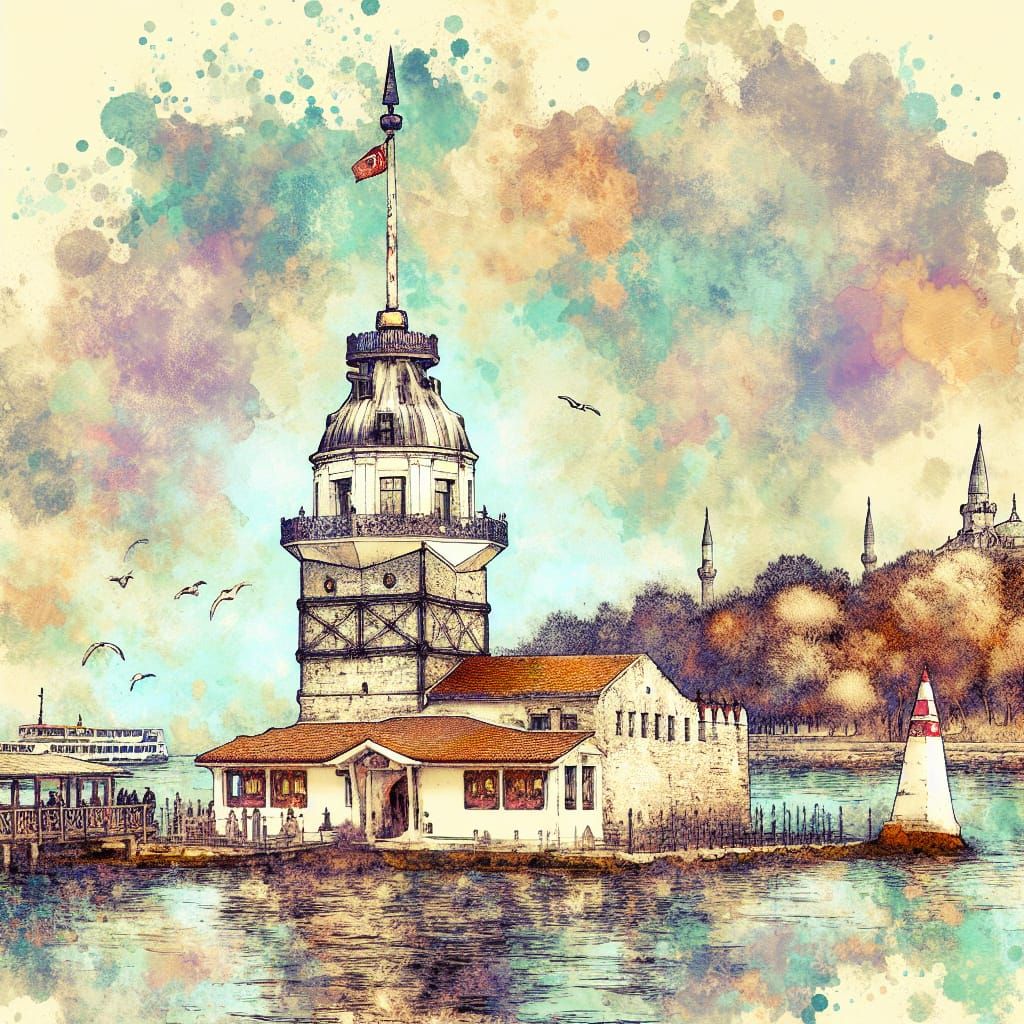 Hyperrealistic Maiden's Tower Illustration in Vintage Style