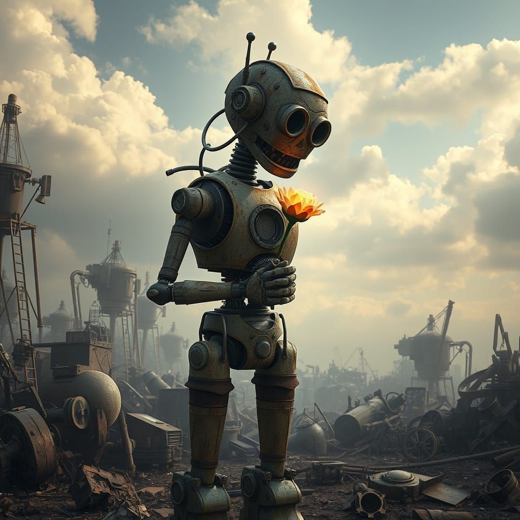 Steampunk Robot in Junkyard with Glowing Flower