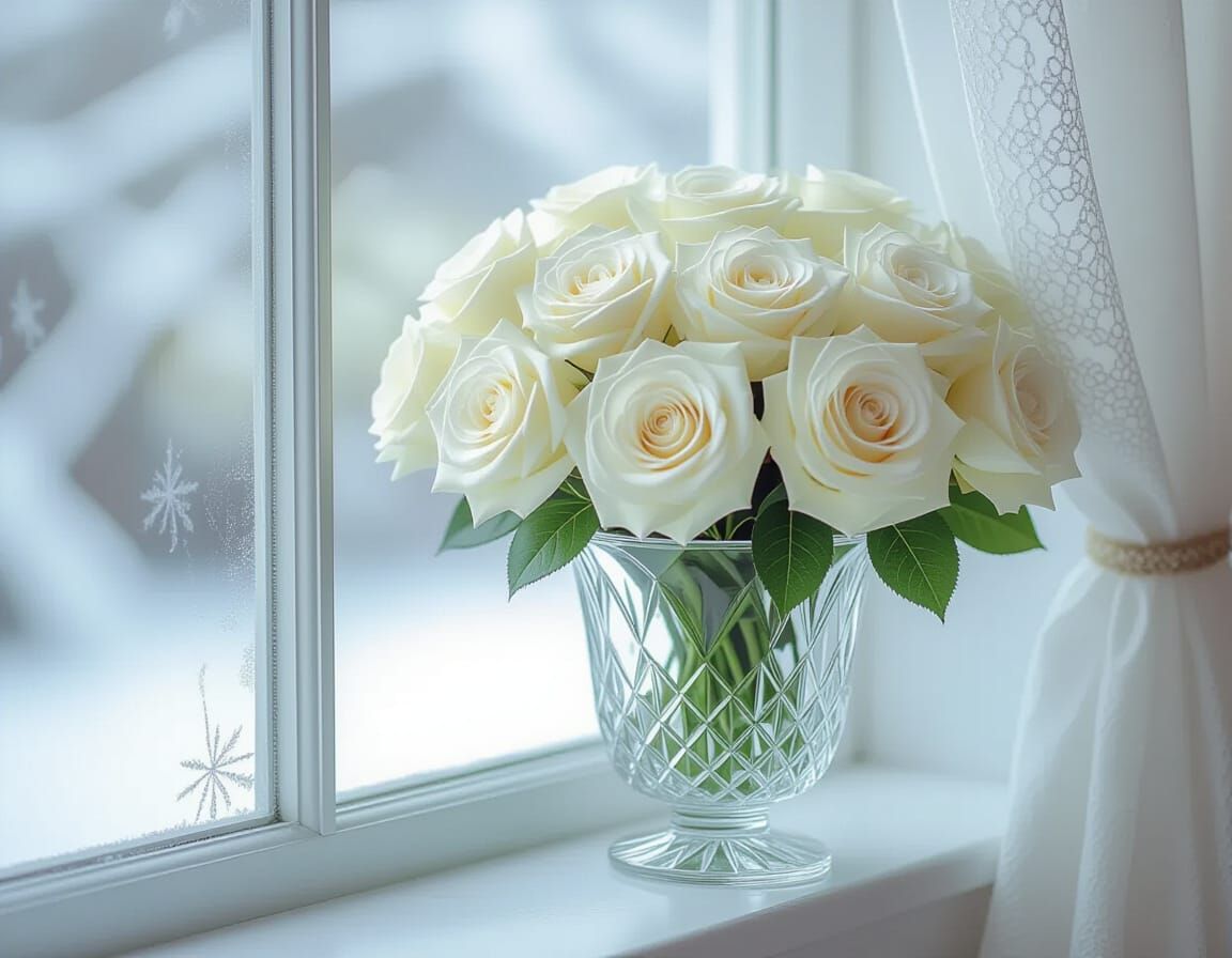 White Roses in Crystal Vase on Windowsill