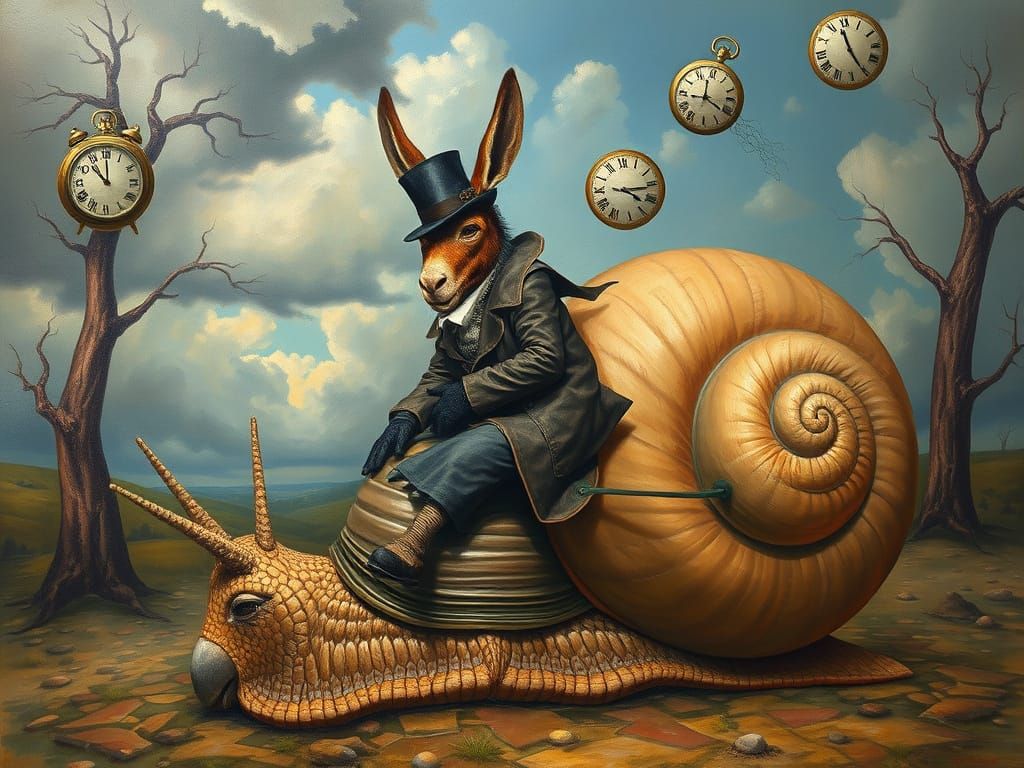 Donkey Rides Surreal Snail in Absurdist Landscape