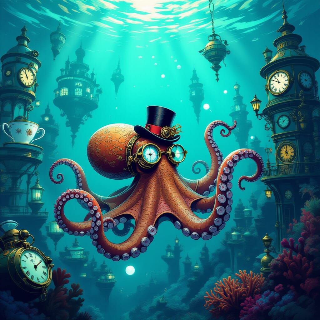 Clockwork Octopus Explores Underwater Teacup City