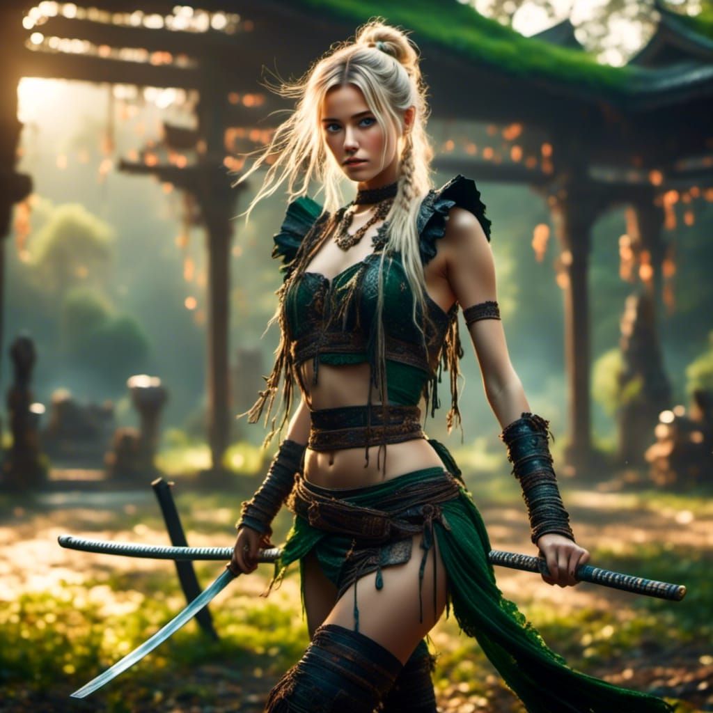 Blonde Woman with Katana in Hyperrealistic Style