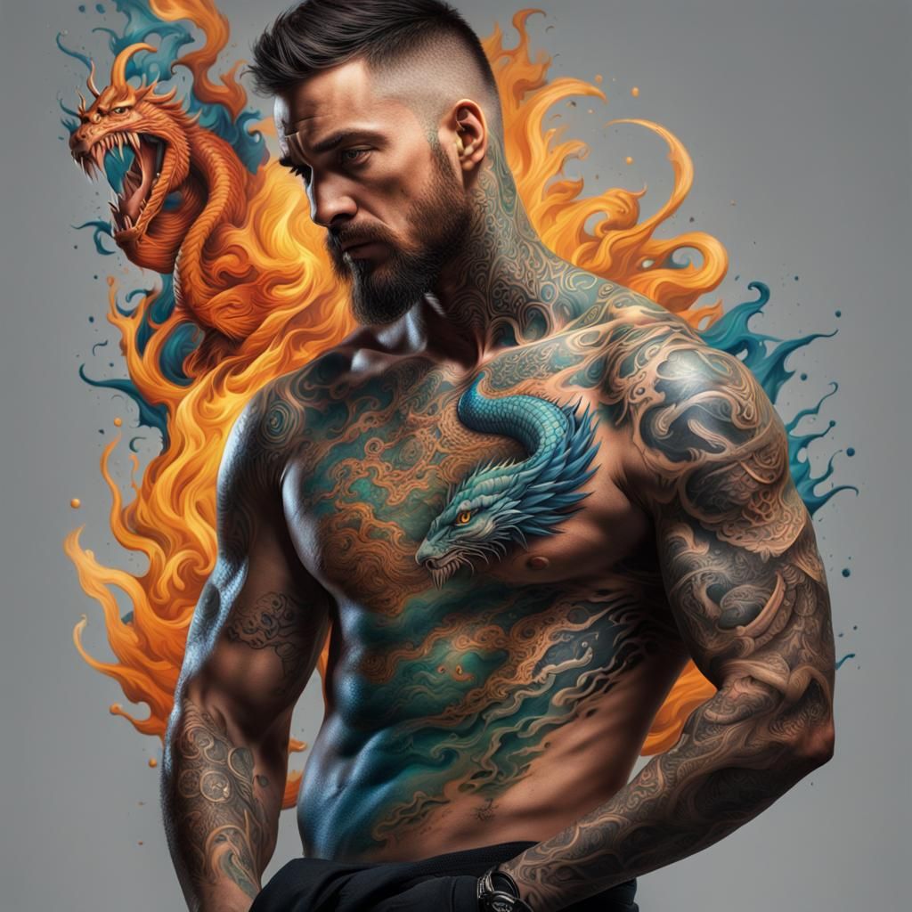Man with Dragon Tattoo in Splash Art Style