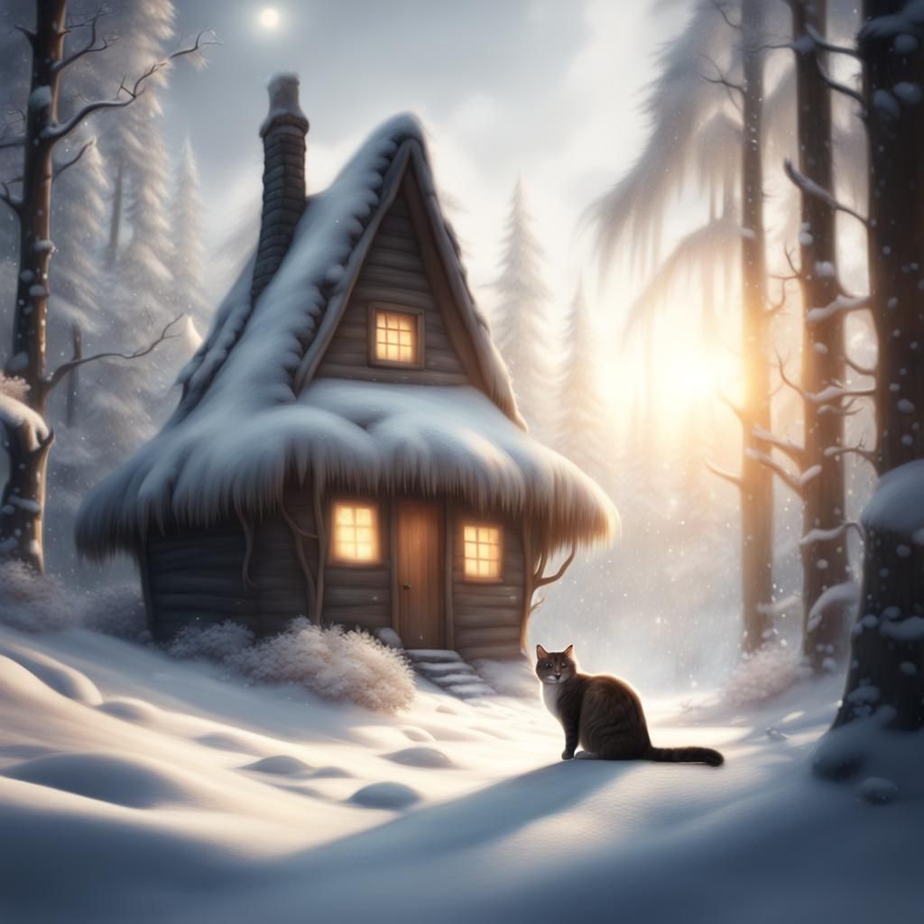 Fluffy Cat in Winter Forest Scene