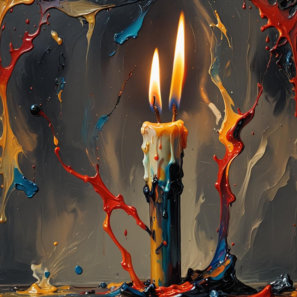 Surreal Candle Burns Itself: Oil Painting in Triadic Colors