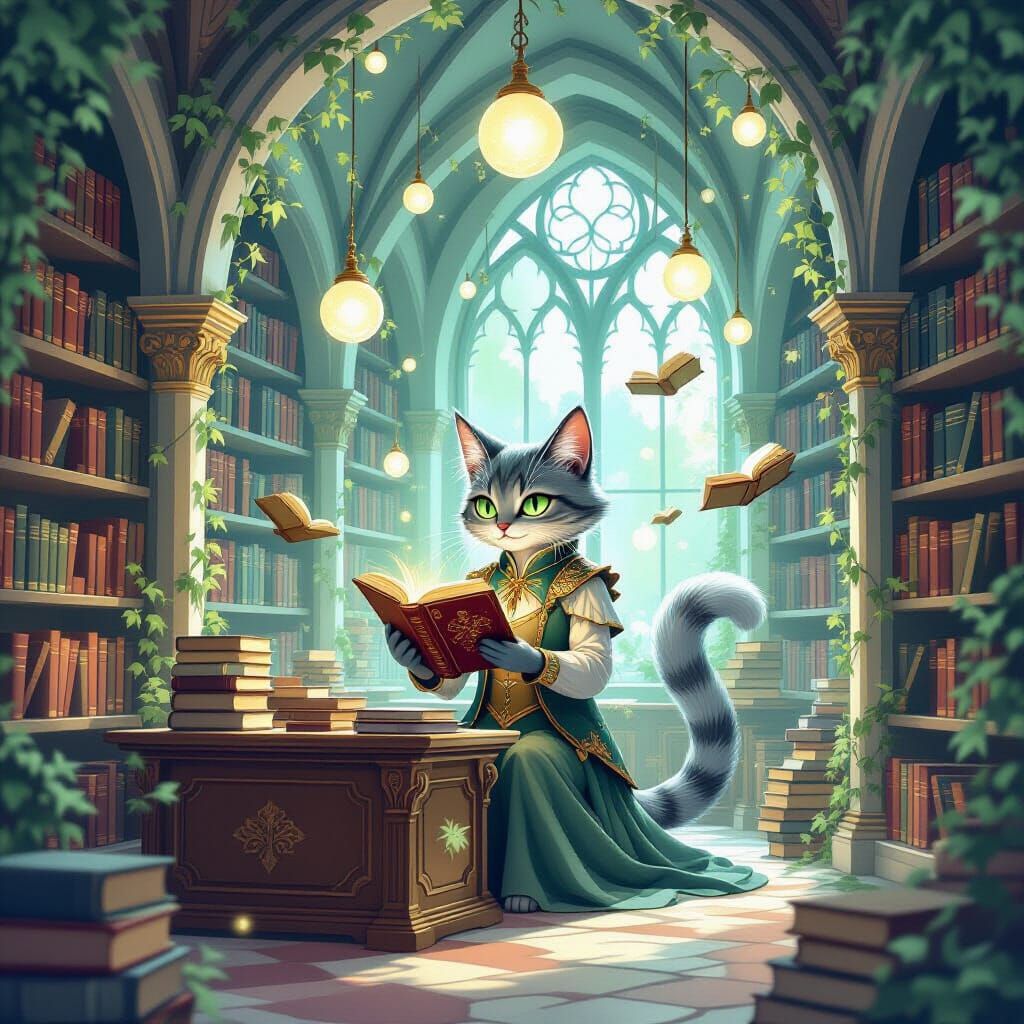 Enchanted Library with Floating Books in Magical Realism