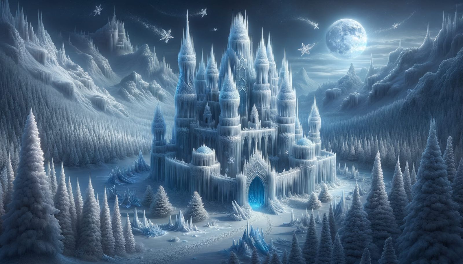 Majestic Ice Castle in Snowy Landscape