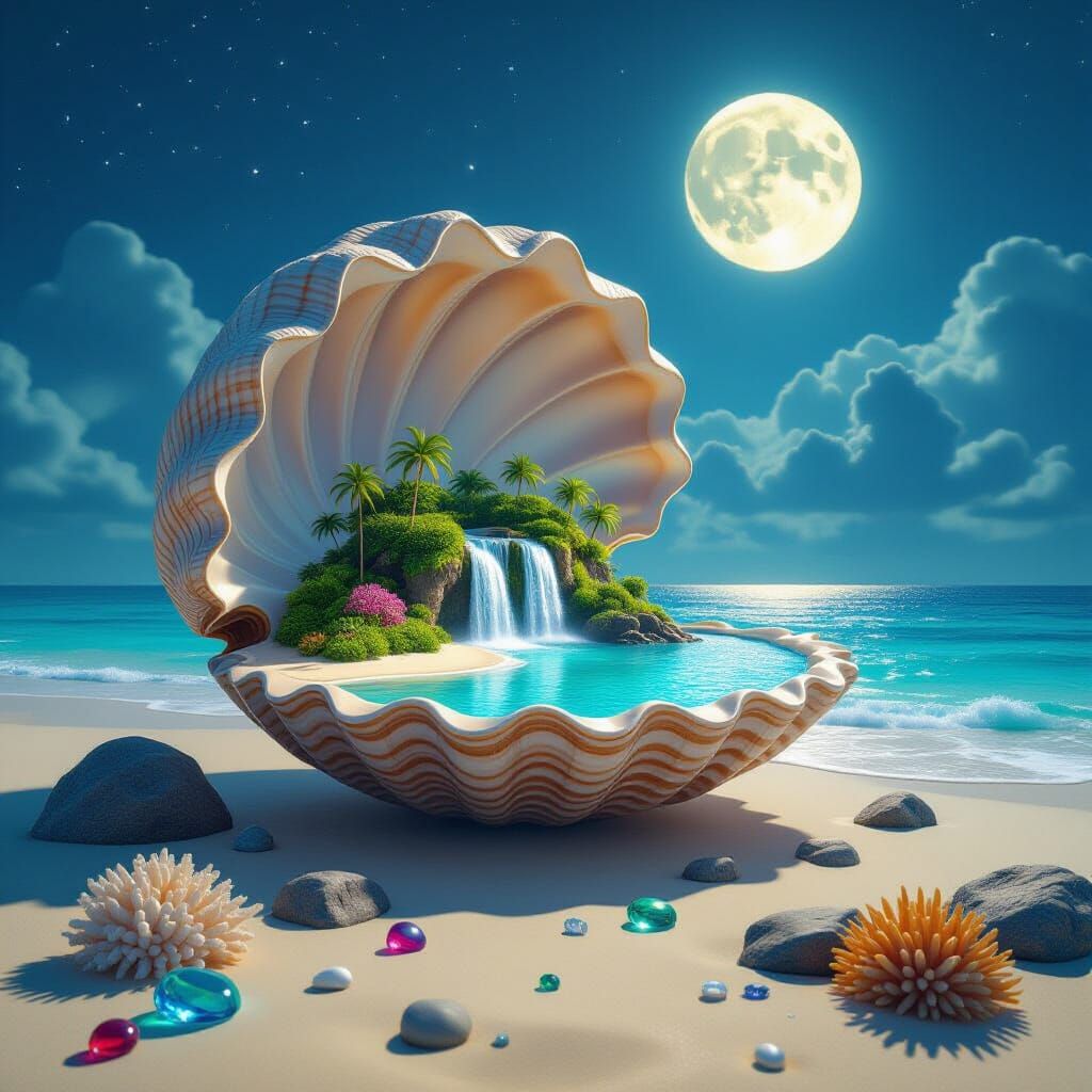 Seashell Island Paradise Under the Moon in 3D
