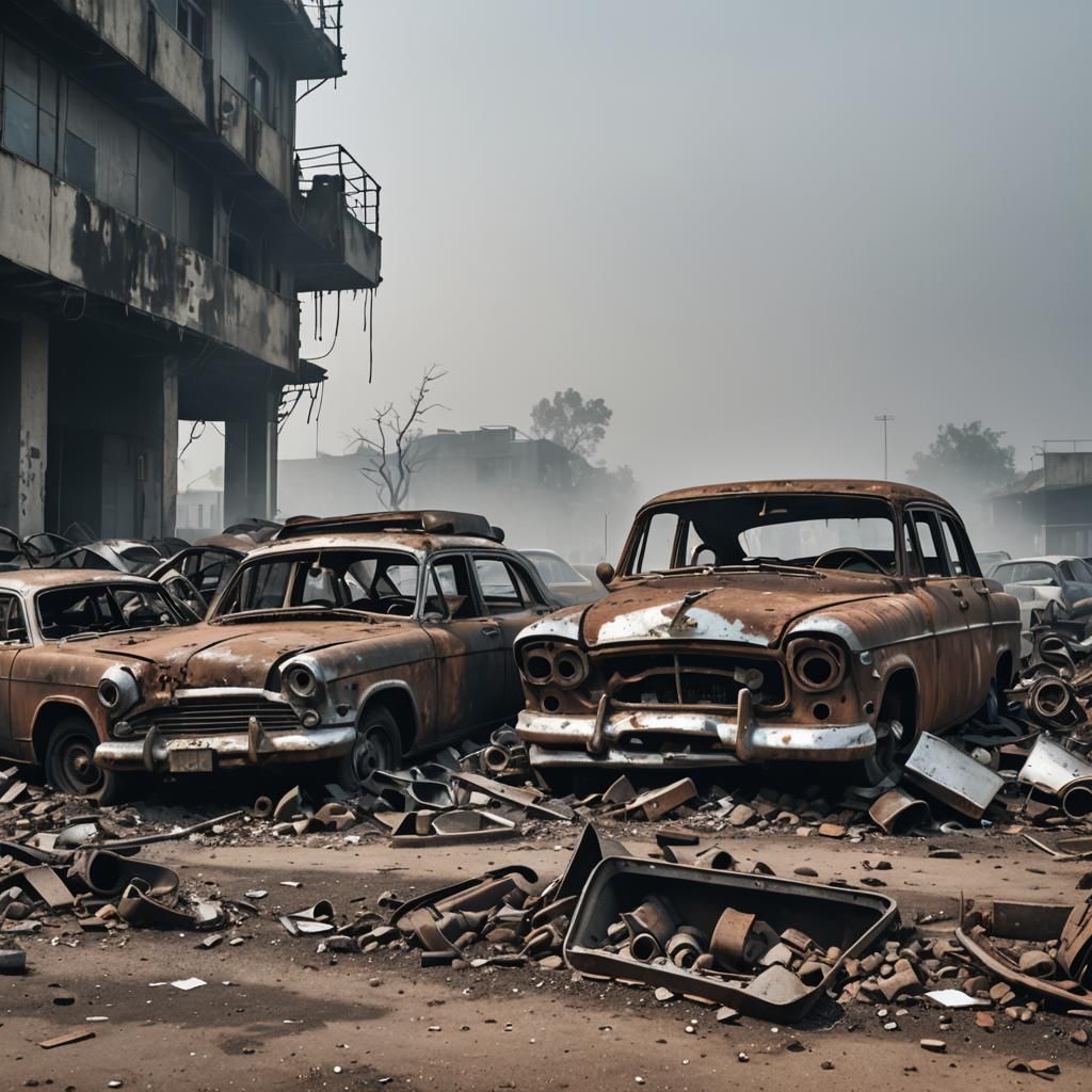 Fog Shrouded Corroded Car Parts in Junkyard