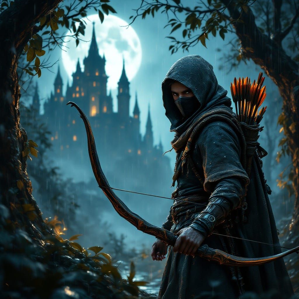 Heroic Ninja Emerges in Moonlit Forest, Inspired by Fantasy...